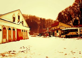村,ロータリー,雪,曇り,屋外,ヴィンテージ,冬