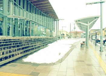 駅, ロータリー, 町, 曇り, 雪, 昭和レトロ, 冬, 屋外