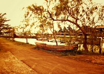 川,町,屋外,夏,ヴィンテージ