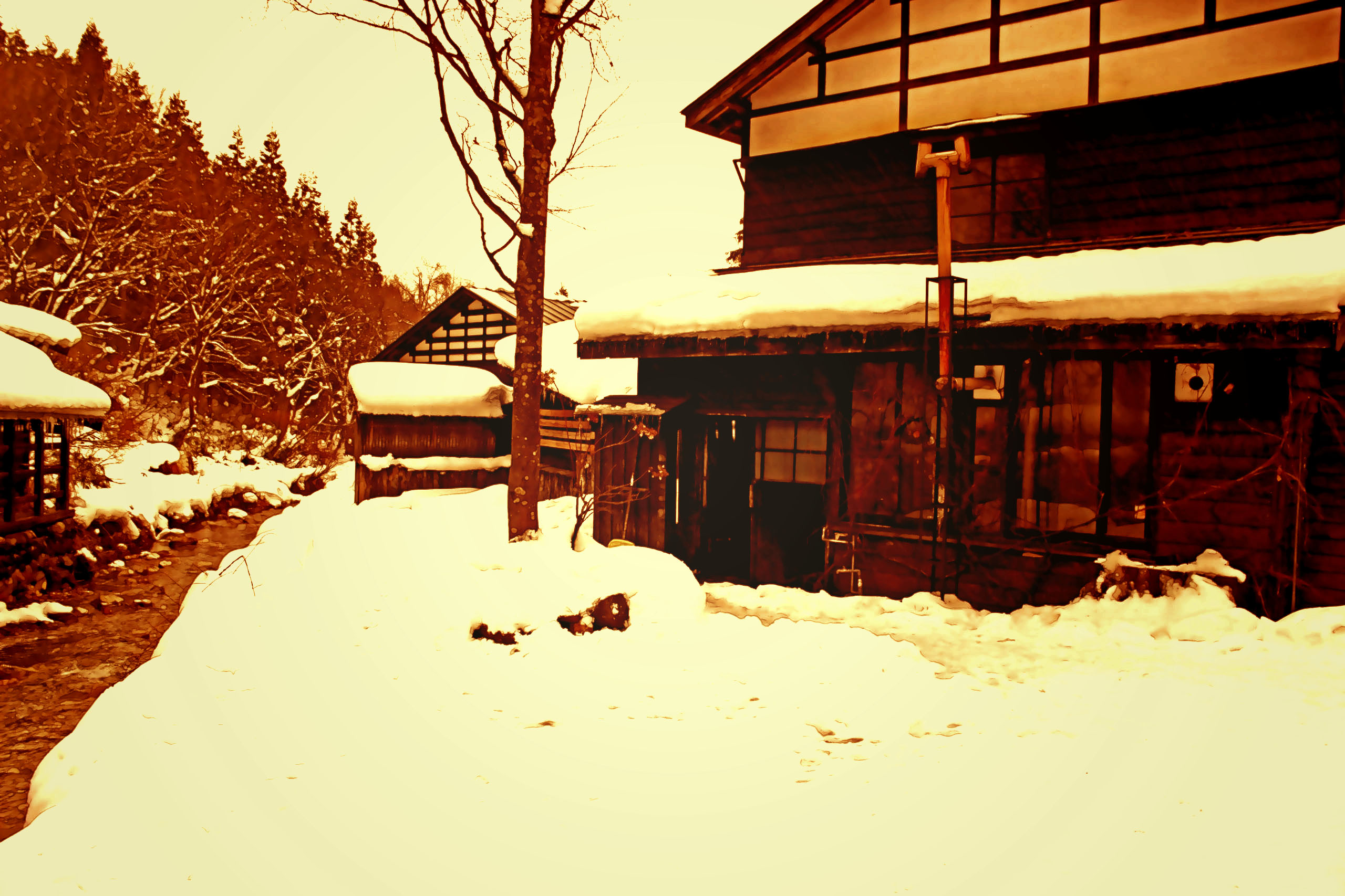 日本家屋,村,冬,屋外,雪,ヴィンテージ
