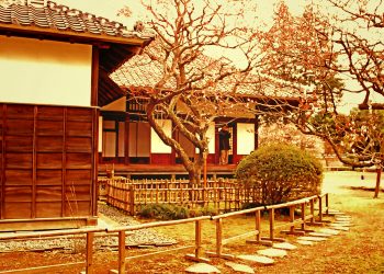 日本家屋,日本庭園,村,屋外,冬,曇り,ヴィンテージ