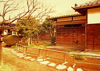 日本家屋,日本庭園,村,屋外,冬,曇り,ヴィンテージ